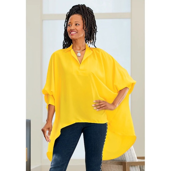 Golden Essence High-Low Tunic Top | Bright Yellow Flowy Blouse | Boutique  Style - Picture 2 of 3